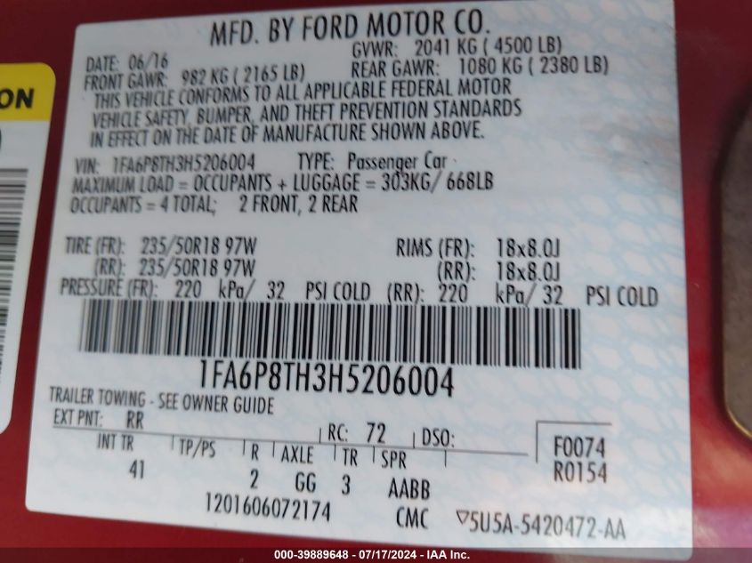 2017 Ford Mustang Ecoboost VIN: 1FA6P8TH3H5206004 Lot: 39889648