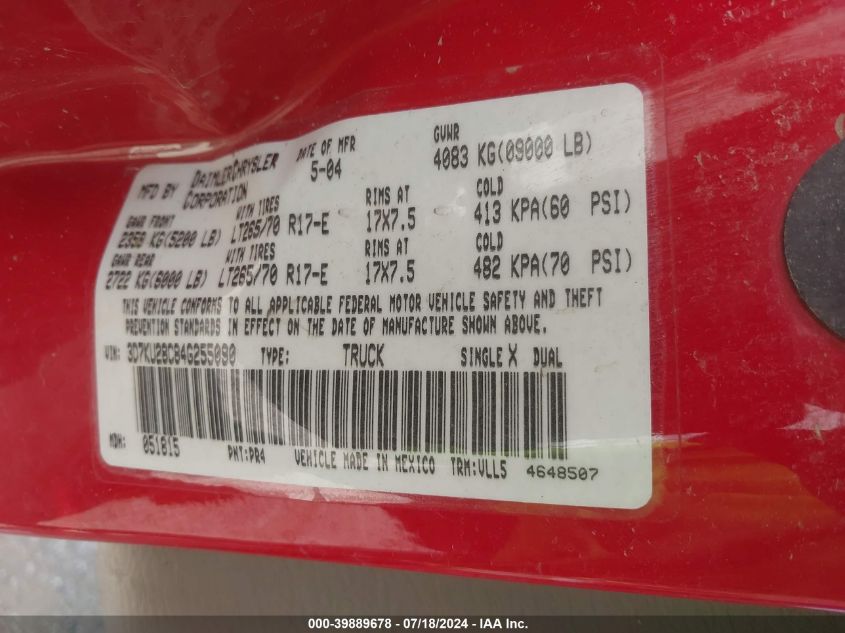 2004 Dodge Ram 2500 Slt/Laramie VIN: 3D7KU28C84G255090 Lot: 39889678