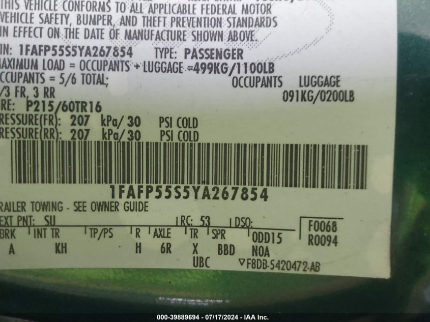 2000 Ford Taurus Ses VIN: 1FAFP55S5YA267854 Lot: 39889694