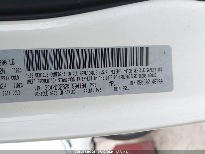 2019 DODGE JOURNEY SE - 3C4PDCBB2KT804194