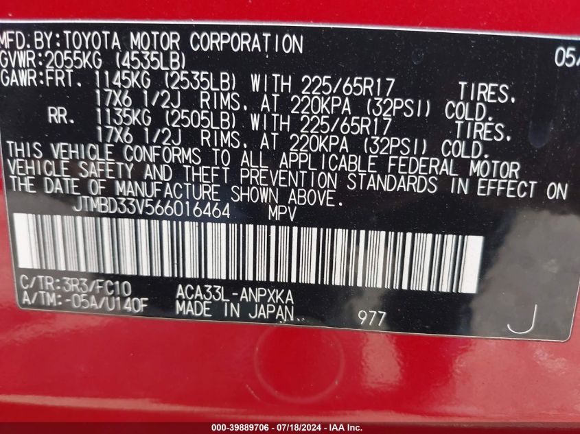 2006 Toyota Rav4 VIN: JTMBD33V566016464 Lot: 39889706