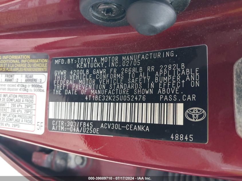 2005 Toyota Camry Le/Xle/Se VIN: 4T1BE32K25U052476 Lot: 39889710