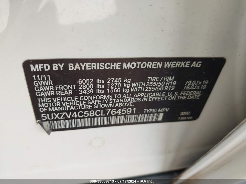 2012 BMW X5 VIN: 5UXZV4C58CL764591 Lot: 39889719