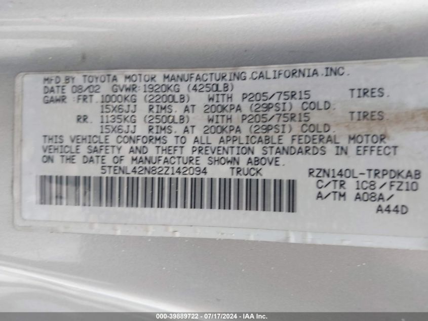 2002 Toyota Tacoma VIN: 5TENL42N82Z142094 Lot: 39889722