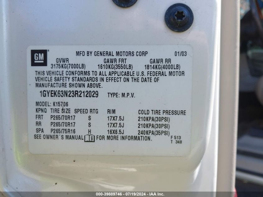 2003 Cadillac Escalade Standard VIN: 1GYEK63N23R212029 Lot: 39889746