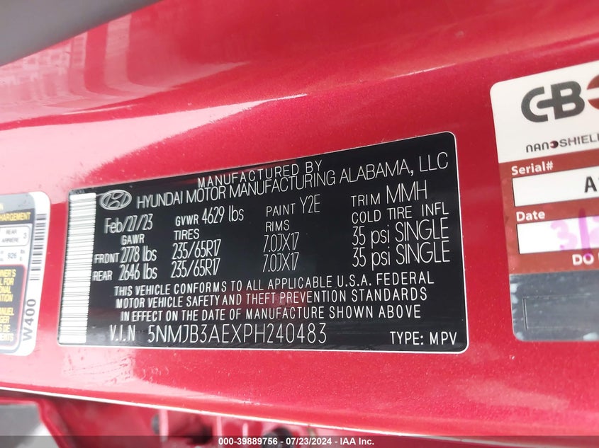 VIN 5NMJB3AEXPH240483 2023 HYUNDAI TUCSON SEL