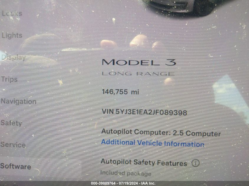 2018 Tesla Model 3 Long Range/Mid Range VIN: 5YJ3E1EA2JF089398 Lot: 39889764