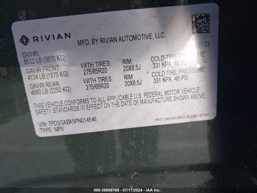 VIN 7PDSGABA5PN014546 2023 RIVIAN R1S ADVENTURE