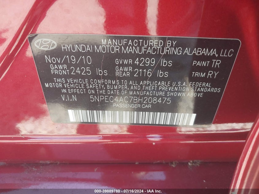 2011 Hyundai Sonata Se VIN: 5NPEC4AC7BH208475 Lot: 39889780