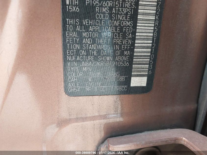 2011 Nissan Cube 1.8S VIN: JN8AZ2KR5BT210536 Lot: 39889796