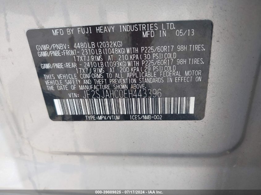 2014 Subaru Forester 2.5I Limited VIN: JF2SJAHC0EH443396 Lot: 39889825