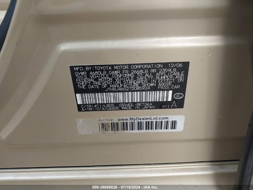 2007 Lexus Es 350 VIN: JTHBJ46G272085924 Lot: 39889826