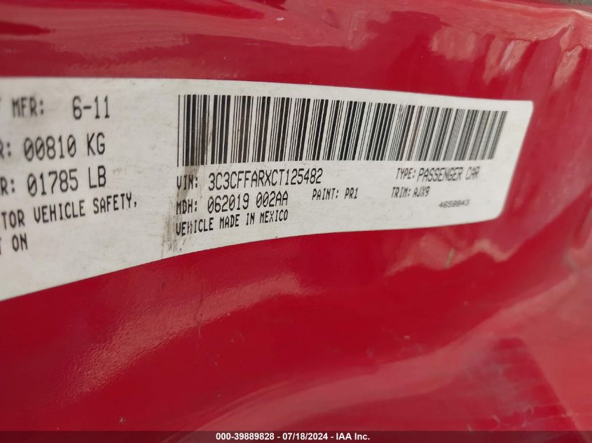 2012 Fiat 500 Pop VIN: 3C3CFFARXCT125482 Lot: 39889828