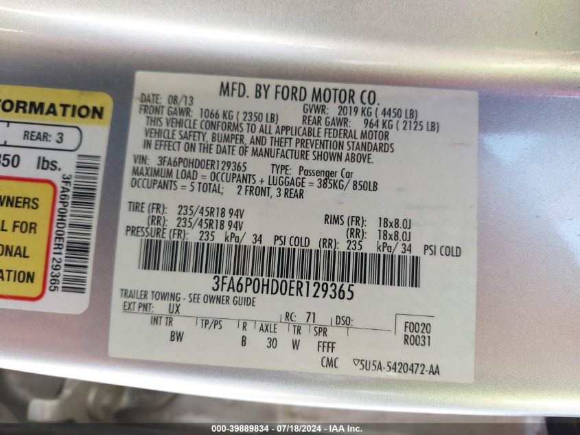 2014 Ford Fusion Se VIN: 3FA6P0HD0ER129365 Lot: 39889834