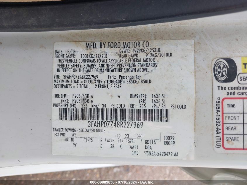 2008 Ford Fusion Se VIN: 3FAHP07Z48R227969 Lot: 39889836