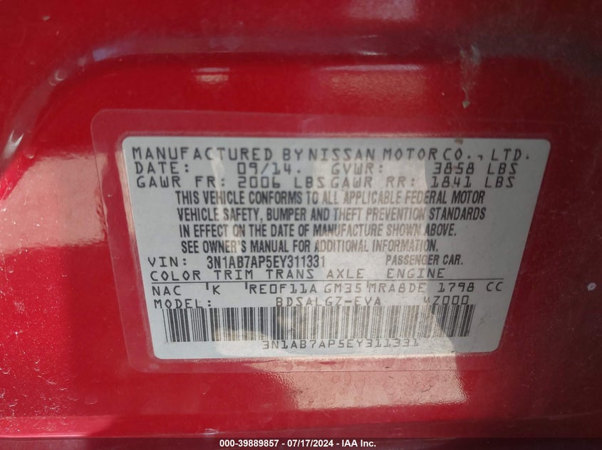 2014 Nissan Sentra S/Sv/Sr/Sl VIN: 3N1AB7AP5EY311331 Lot: 39889857