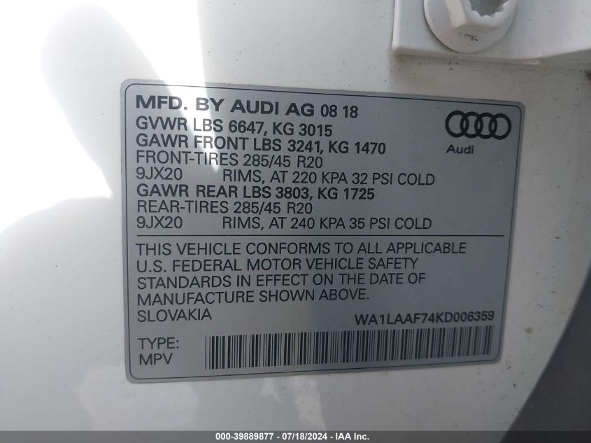2019 Audi Q7 55 Premium/55 Se Premium VIN: WA1LAAF74KD006359 Lot: 39889877