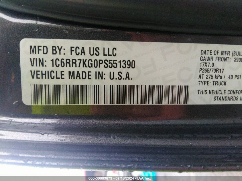 2023 Ram 1500 Classic Tradesman 4X4 5'7 Box VIN: 1C6RR7KG0PS551390 Lot: 39889879