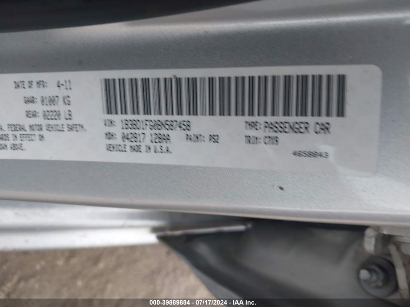 2011 Dodge Avenger Mainstreet VIN: 1B3BD1FG0BN587458 Lot: 39889884