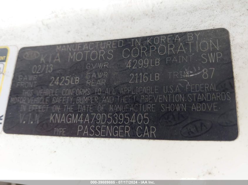 2013 Kia Optima Lx VIN: KNAGM4A79D5395405 Lot: 39889885