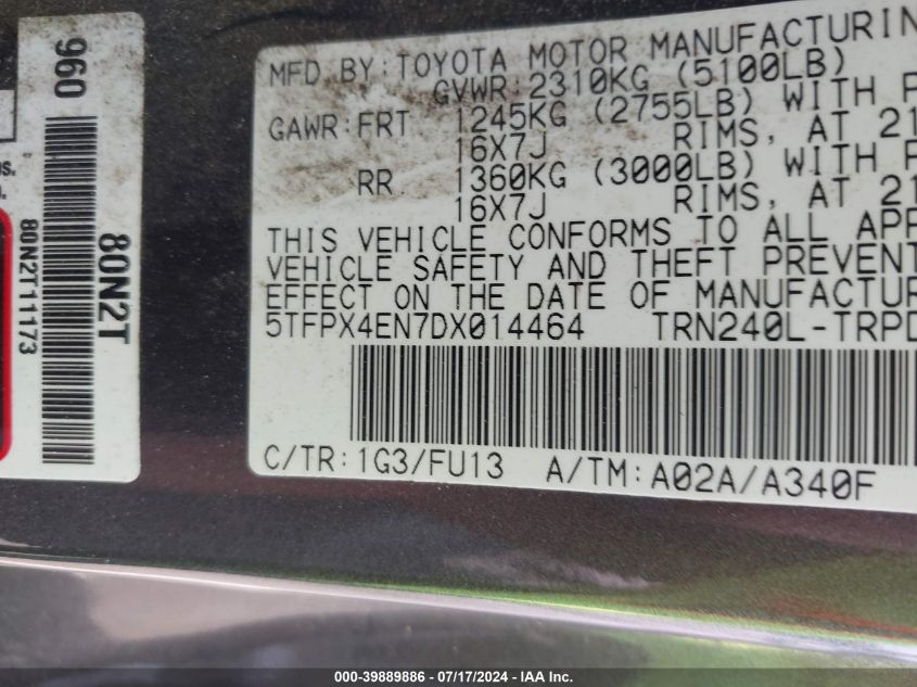 2013 Toyota Tacoma VIN: 5TFPX4EN7DX014464 Lot: 39889886