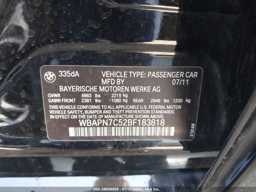 2011 BMW 335D D VIN: WBAPN7C52BF183818 Lot: 39889889