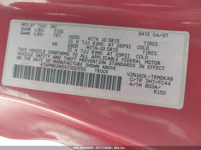 1997 Toyota Tacoma VIN: 4TAPN62N5VZ302555 Lot: 39889890