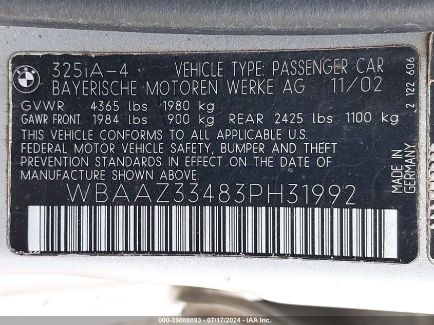 2003 BMW 325I VIN: WBAAZ33483PH31992 Lot: 39889893