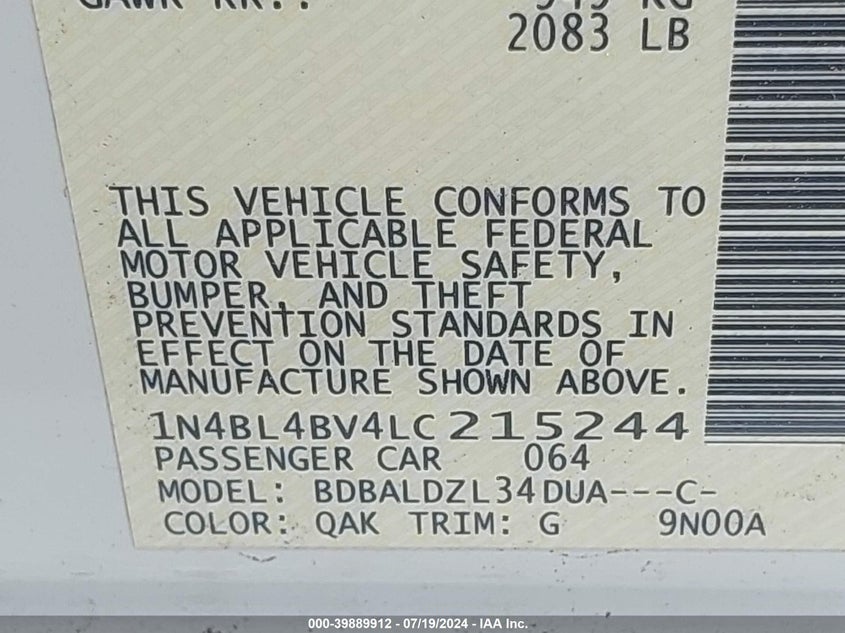 2020 Nissan Altima S Fwd VIN: 1N4BL4BV4LC215244 Lot: 39889912