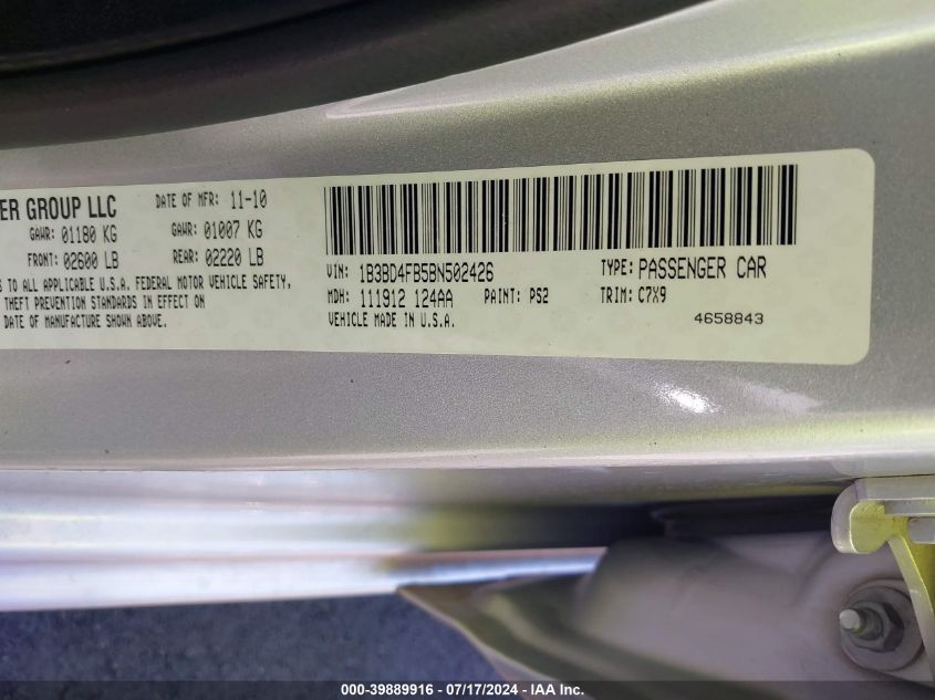 2011 Dodge Avenger Express VIN: 1B3BD4FB5BN502426 Lot: 39889916