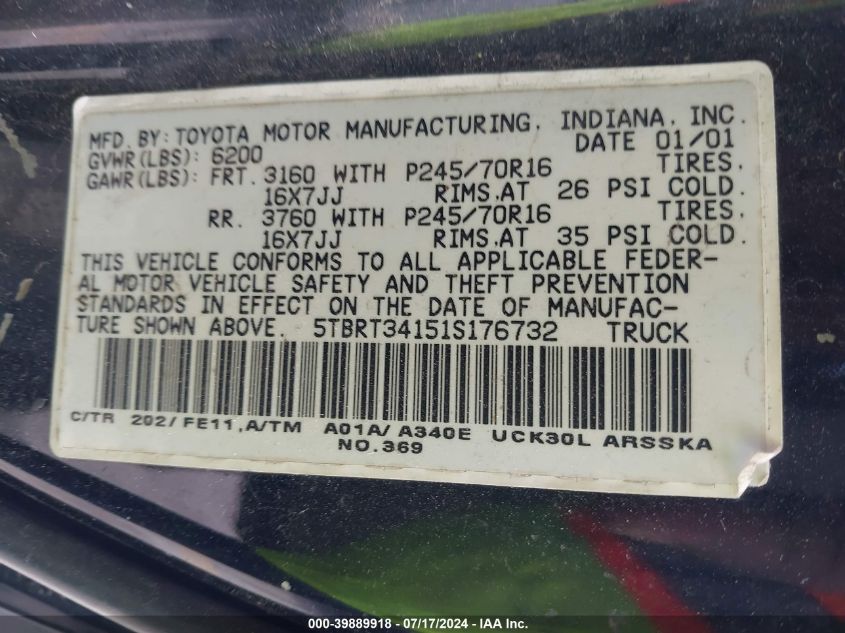 2001 Toyota Tundra Sr5 V8 VIN: 5TBRT34151S176732 Lot: 39889918
