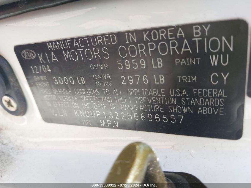 2005 Kia Sedona Ex/Lx VIN: KNDUP132256696557 Lot: 39889922