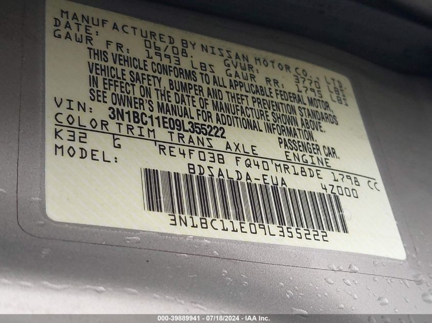 2009 Nissan Versa 1.8S VIN: 3N1BC11E09L355222 Lot: 39889941