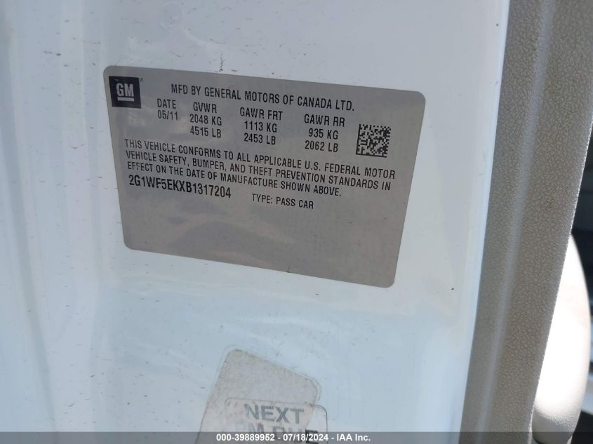 2011 Chevrolet Impala Ls VIN: 2G1WF5EKXB1317204 Lot: 39889952