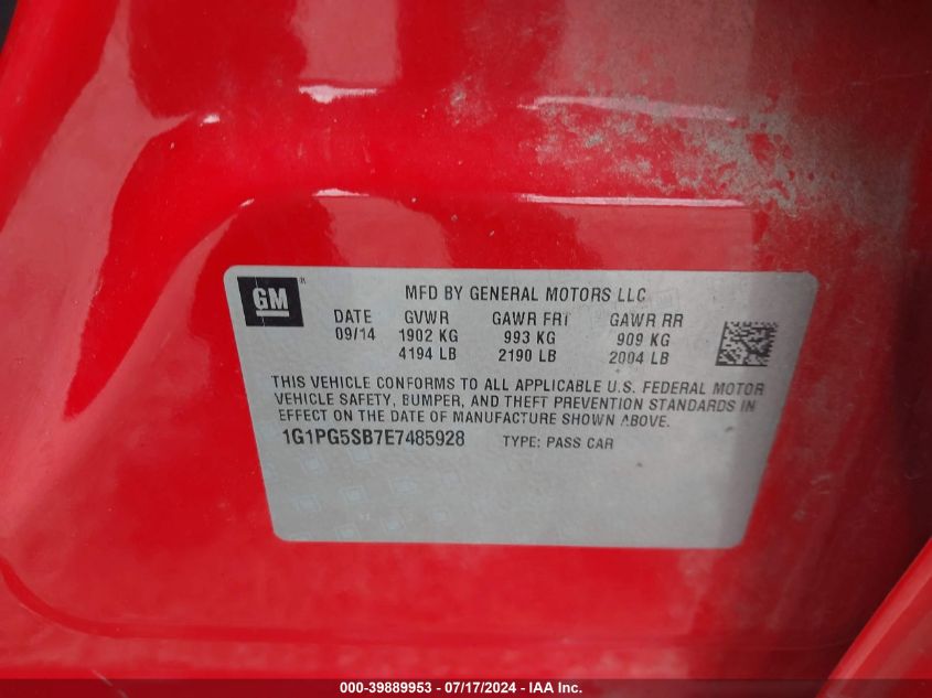 2014 Chevrolet Cruze Ltz VIN: 1G1PG5SB7E7485928 Lot: 39889953