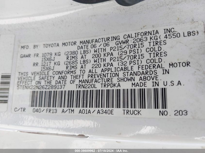 2006 Toyota Tacoma VIN: 5TENX22N26Z289137 Lot: 39889962
