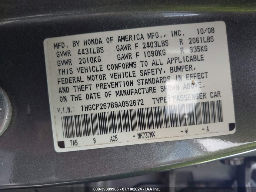 2009 Honda Accord Ex VIN: 1HGCP26789A052672 Lot: 39889965