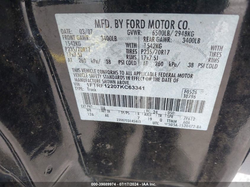 1FTRF12207KC63341 | 2007 FORD F-150