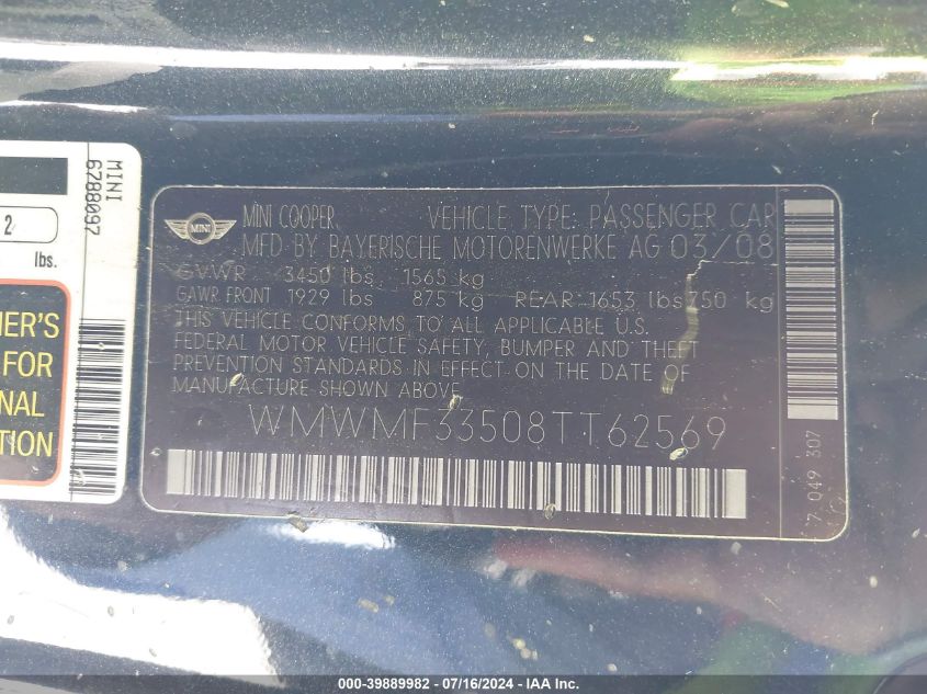 2008 Mini Cooper VIN: WMWMF33508TT62569 Lot: 39889982