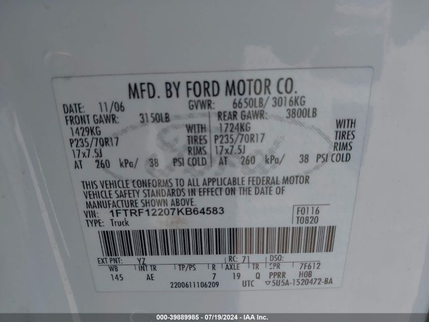 2007 Ford F-150 Stx/Xl/Xlt VIN: 1FTRF12207KB64583 Lot: 39889985