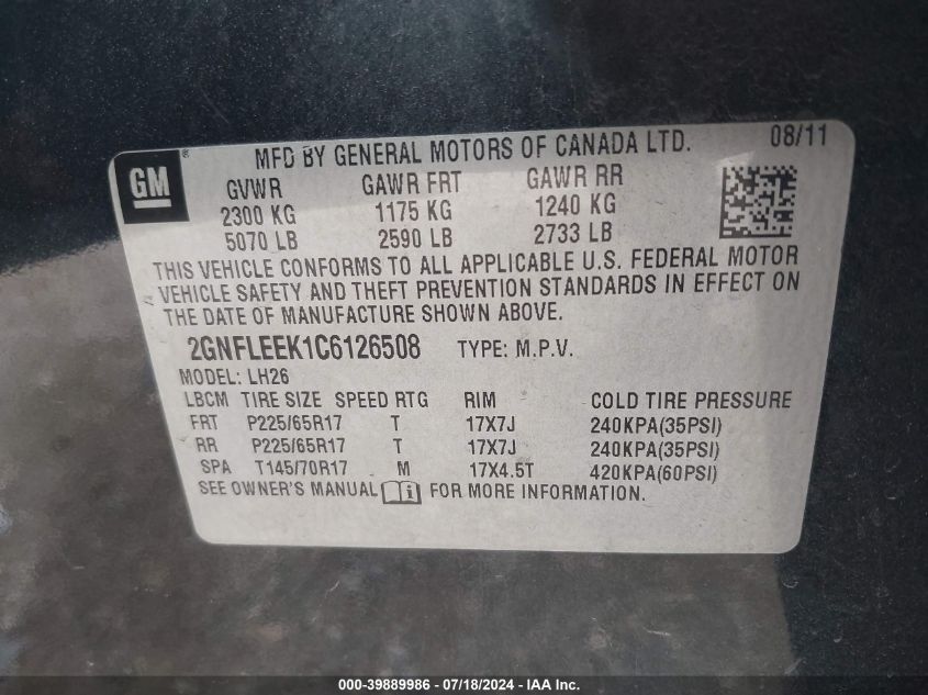 2012 Chevrolet Equinox 1Lt VIN: 2GNFLEEK1C6126508 Lot: 39889986