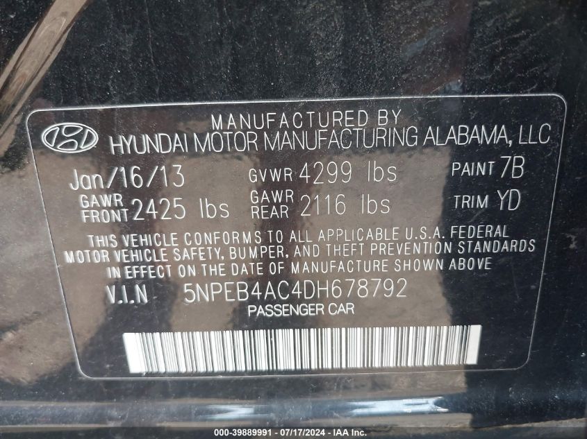 2013 Hyundai Sonata Gls VIN: 5NPEB4AC4DH678792 Lot: 39889991