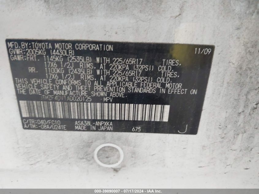 2010 Toyota Rav4 VIN: JTMZF4DV1AD020125 Lot: 39890007