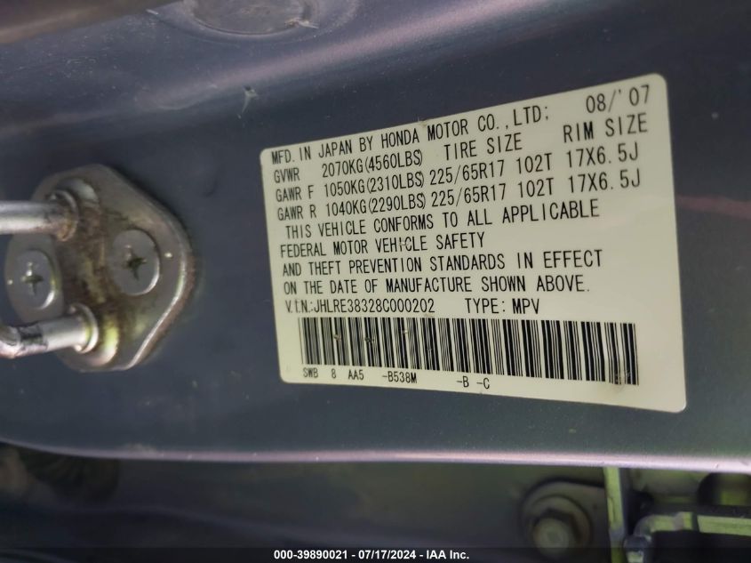 2008 Honda Cr-V Lx VIN: JHLRE38328C000202 Lot: 39890021