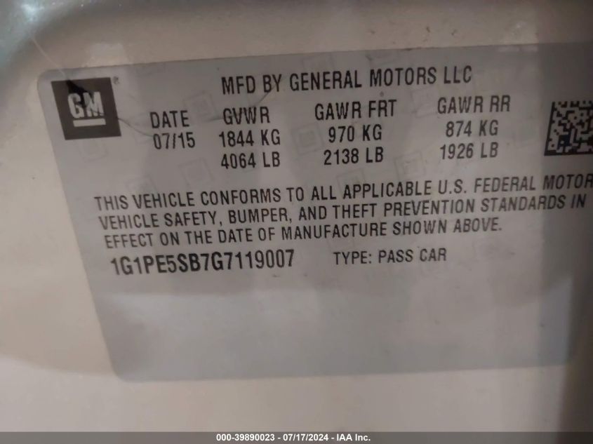 2016 Chevrolet Cruze Limited 1Lt Auto VIN: 1G1PE5SB7G7119007 Lot: 39890023