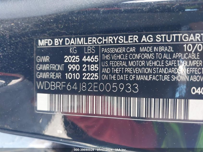 2002 Mercedes-Benz C 320 320 VIN: WDBRF64J82E005933 Lot: 39890029