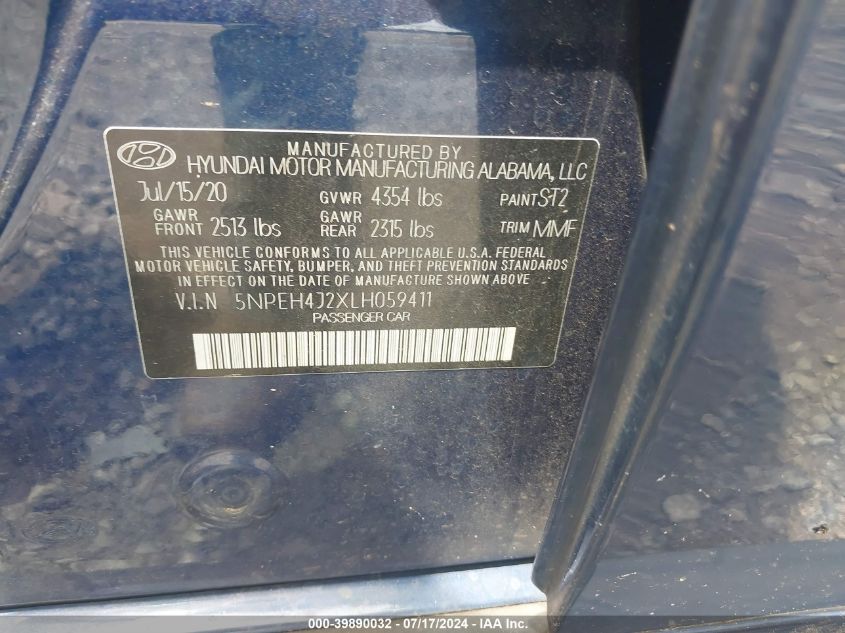 2020 Hyundai Sonata Limited VIN: 5NPEH4J2XLH059411 Lot: 39890032