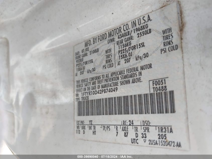 2002 Ford Ranger Xl/Xlt VIN: 1FTYR10D42PB74049 Lot: 39890040