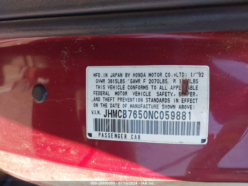 1992 Honda Accord Lx/Ex VIN: JHMCB7650NC059881 Lot: 39890080
