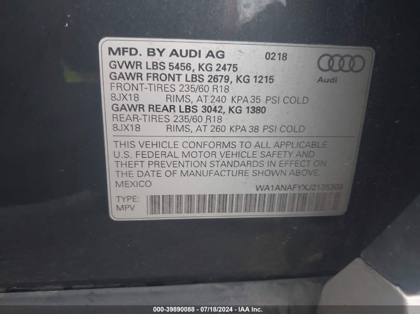 2018 Audi Q5 Premium VIN: WA1ANAFYXJ2135303 Lot: 39890088